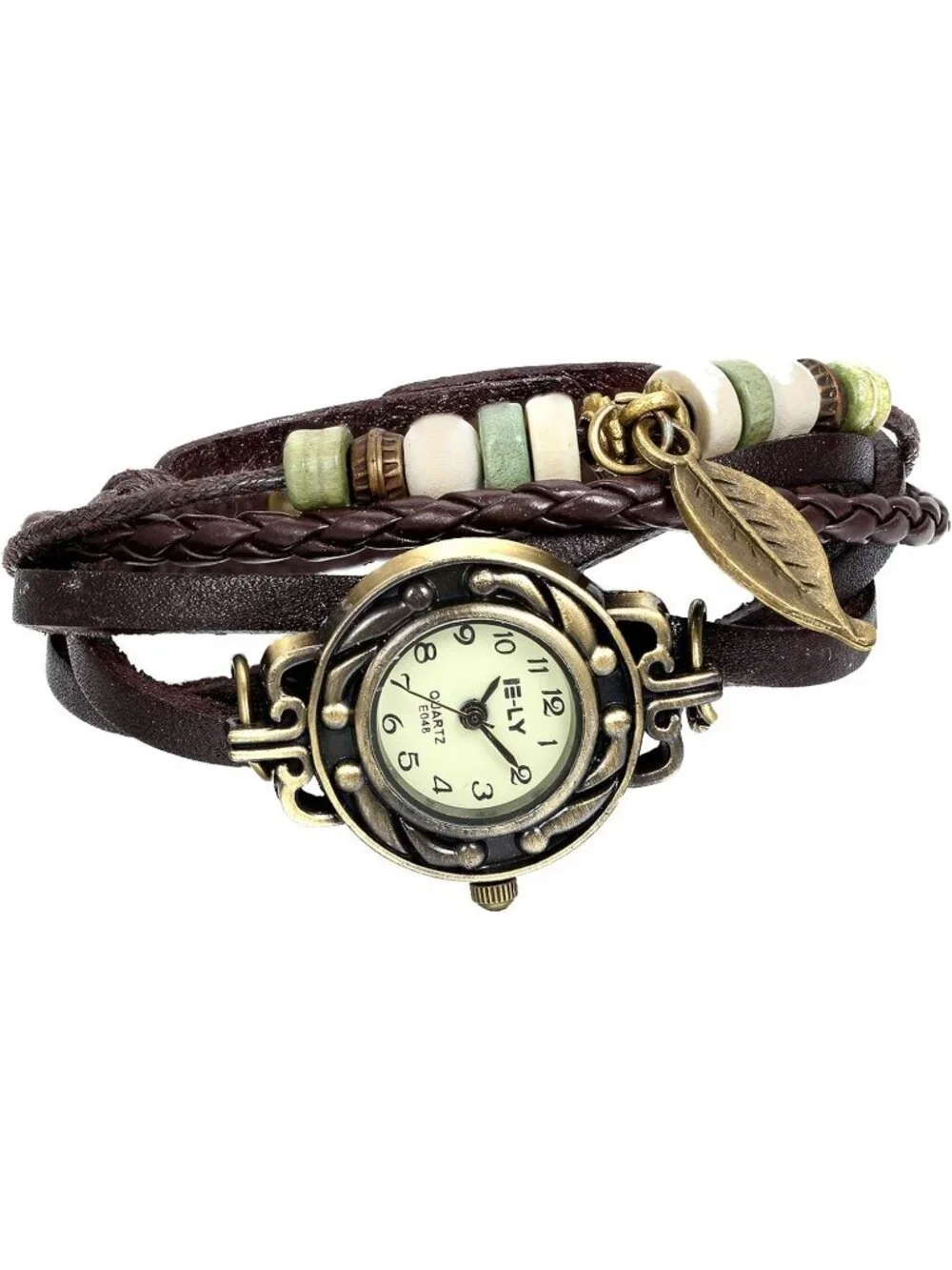 Women's Brown Analog Quartz Leaf Bracelet Weave Wrap Around Leather Wrist Watch